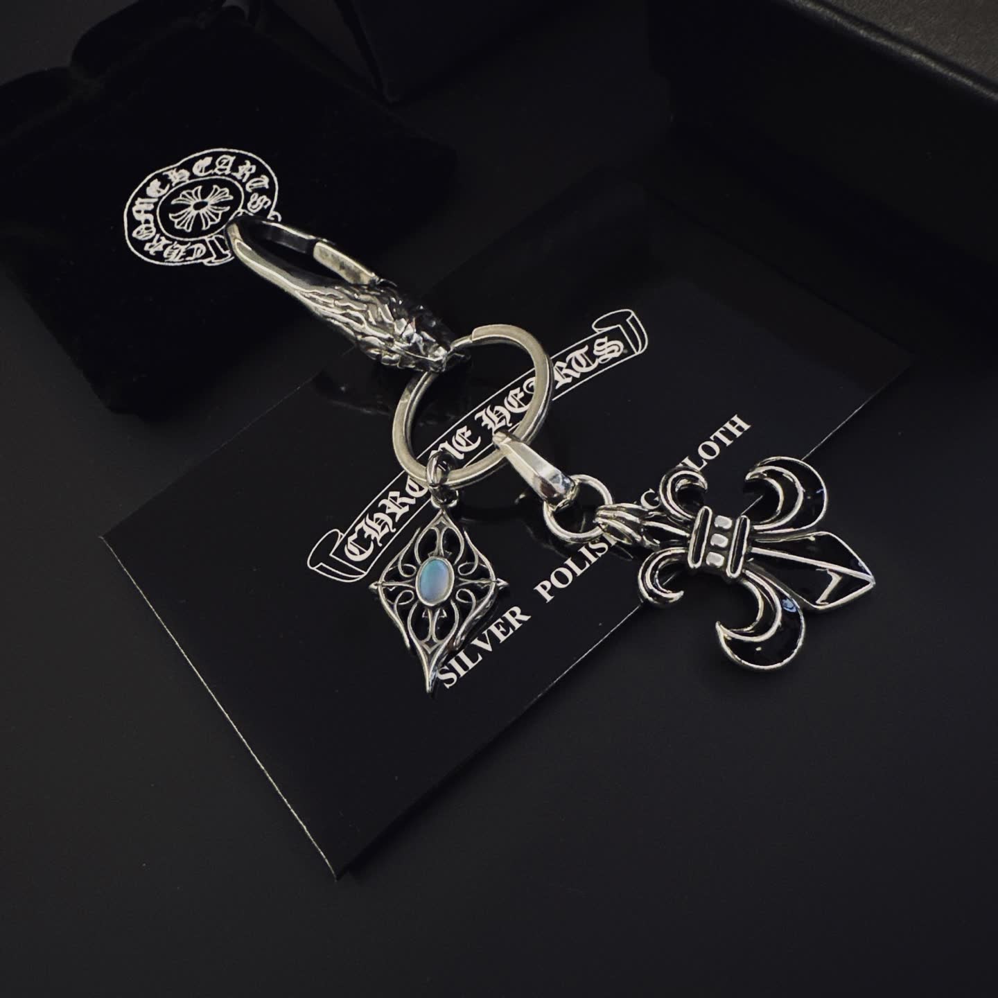 Chrome Hearts Silver Keychain with Fleur-de-lis and Gemstone